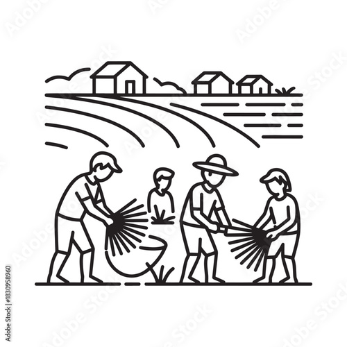 Farmers working together harvesting crops in a field