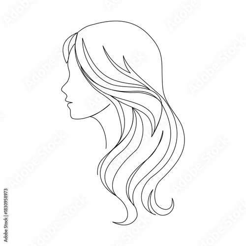 a woman’s side face  modern aesthetic, long airy wavy hair drawn with smooth curves continuous line art outline