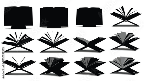 Black silhouette open books with fanned pages on traditional wooden rehal stands, depicted from various angles in a, isolated on white background
