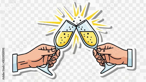 Two hands clinking champagne glasses in a celebratory toast illustration.