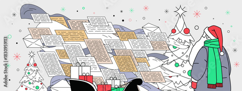 Santa Christmas New Year 2026 receiving letters festive winter scene with gifts sleigh decorated trees snowflakes modern flat website banner