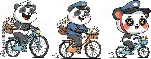 Cute panda postman riding bicycle delivering letters illustration set in various cartoon styles with adorable mail carrier theme