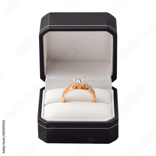 Elegant Gold Engagement Ring Displayed in a Black Box on a White Background