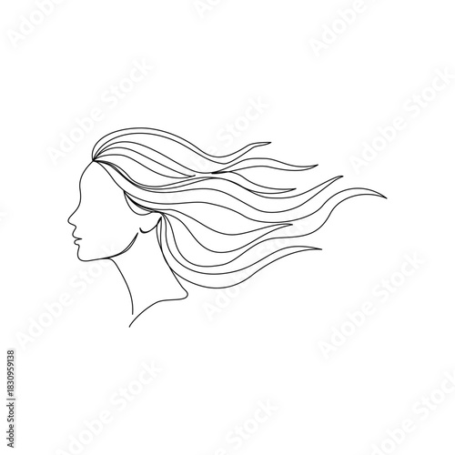 a woman’s side face  modern aesthetic,  sweeping her long wavy hair backward with curves continuous line art outline