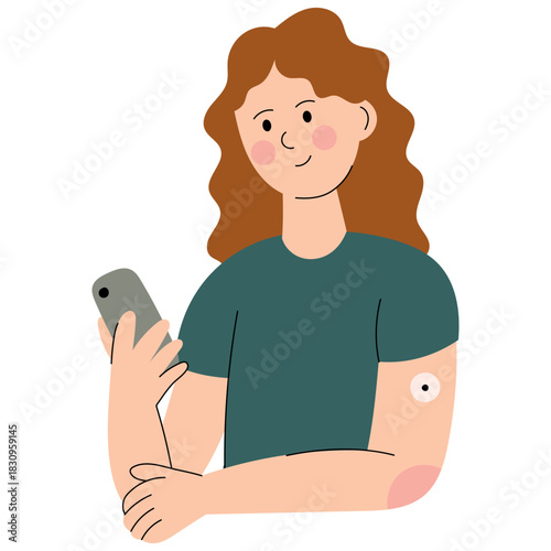 Woman holding a smartphone with a glucose monitor on her arm. Modern medical technology, health tracking and diabetes management concept.