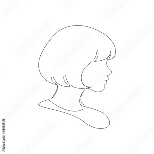 Continuous line art  a woman’s side face  modern aesthetic, elegant short bob wavy hair framing side face