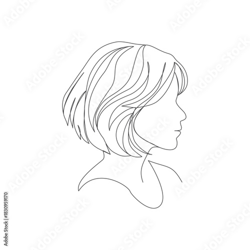 Continuous line art  a woman’s side face  modern aesthetic, elegant short wavy hair framing side face
