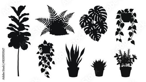 Flat vector illustration of diverse plant silhouettes including potted houseplants, lush foliage, and hanging vines for, isolated on white background
