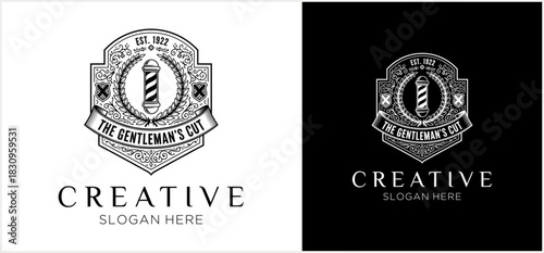 A vintage-style barbershop logo template featuring a classic barber pole inside an ornate shield, presented in black and white variations.