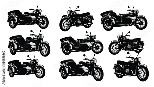 Set of classic vintage motorcycles and retro sidecar rigs, depicted in a clean flat vector illustration style,, isolated on white background
