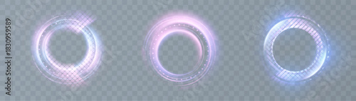 Glowing holographic circular HUD rings in soft purple and blue tones on transparent background. Futuristic neon loading interface element for sci-fi overlays and technology design.
