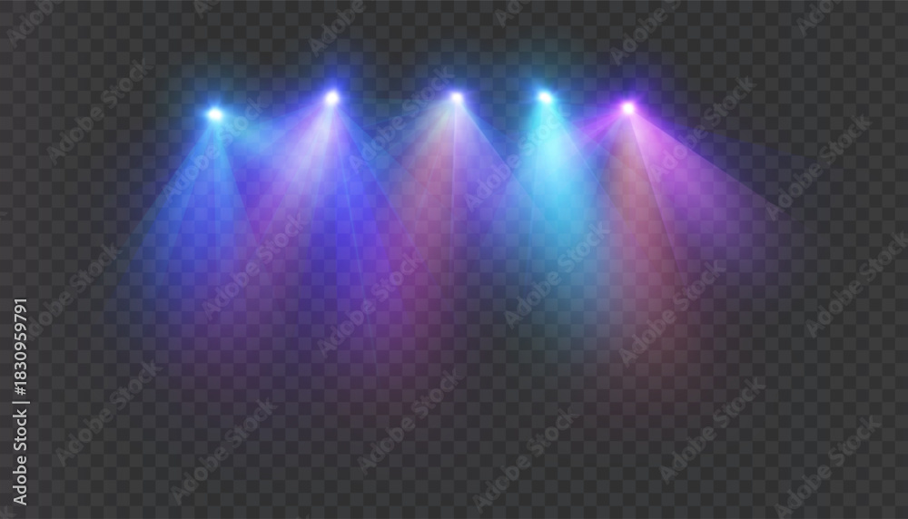 Fototapeta premium Bright stage spotlights create a soft, reflective effect against a dark background. Ideal for concerts and shows, parties, musical events, and entertainment design.