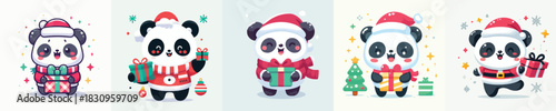 cute christmas dressed panda character vector