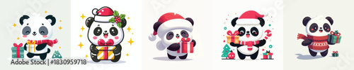 cute christmas dressed panda character vector