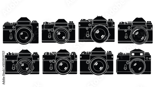 Eight classic black and white vintage film cameras, flat vector illustration representing retro photography technology, isolated on white background