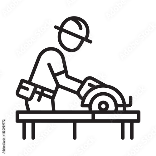 Construction worker operating a circular saw on a workbench