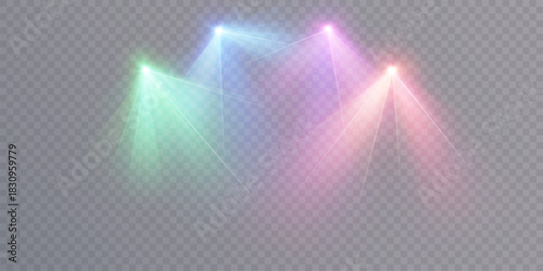 Bright stage spotlights create a soft reflective effect against a light, transparent background. Ideal for concerts and shows, parties, musical events, and entertainment venue design.