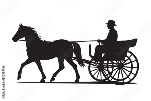 Silhouette of a horse pulling a carriage with a driver in a hat isolated on white background