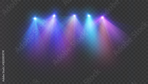 Bright stage spotlights create a soft, reflective effect against a dark background. Ideal for concerts and shows, parties, musical events, and entertainment design.