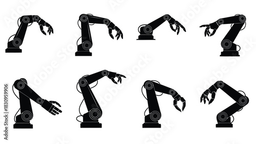 Flat vector illustration of black industrial robotic arms, articulated with joints and wires, performing various, isolated on white background