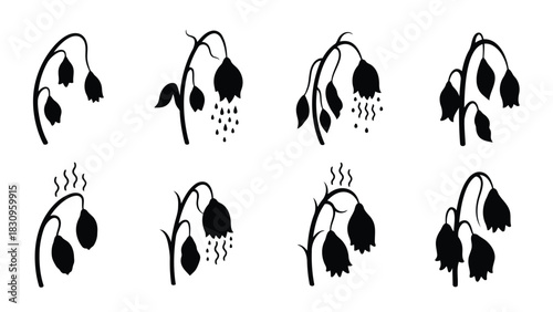 Set of eight black silhouette drooping plants or flowers, some with water droplets falling or wavy lines indicating, isolated on white background