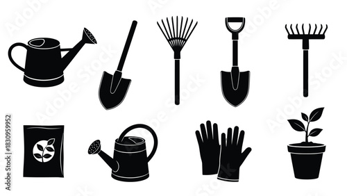 Flat vector illustration of black silhouette gardening tools set: watering cans, shovels, rakes, seed packet, gloves,, isolated on white background