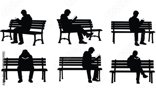 Collection of flat vector silhouettes showing various men and youths sitting on park benches, reading books,, isolated on white background