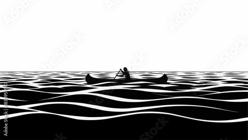 Silhouette of a lone rower in a canoe on a wavy sea.
