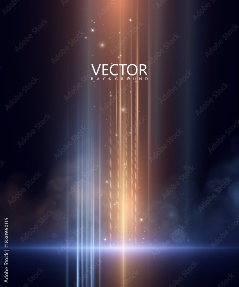 Fototapeta premium An abstract background with a vibrant vertical glow of blue-gold rays and a soft depth effect. Light stripes create the atmosphere of a stage and a futuristic space.