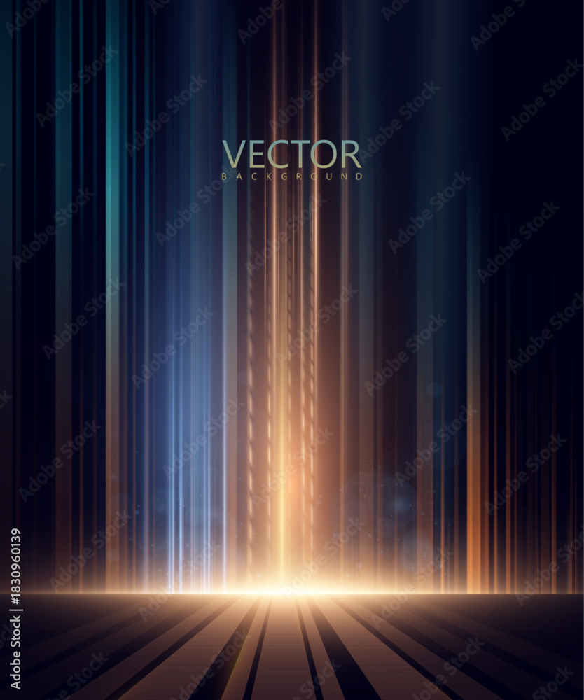 Naklejka premium An abstract background with a vibrant vertical glow of blue-gold rays and a soft depth effect. Light stripes create the atmosphere of a stage and a futuristic space.