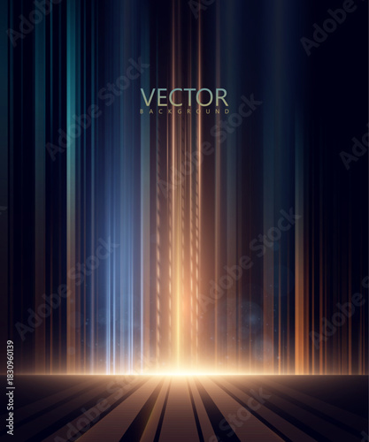 An abstract background with a vibrant vertical glow of blue-gold rays and a soft depth effect. Light stripes create the atmosphere of a stage and a futuristic space.