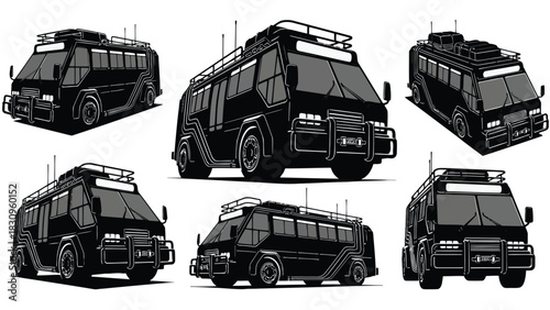 Stylized black rugged adventure vans and expedition buses with roof racks and bull bars, clean flat vector illustration, isolated on white background