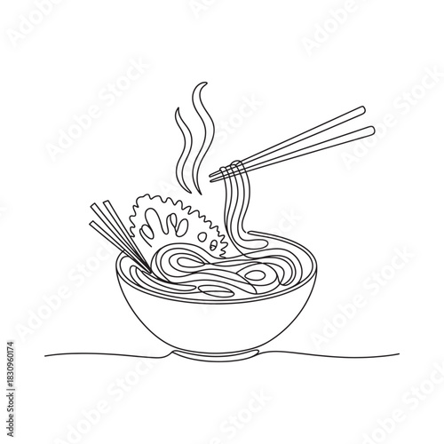 Steaming bowl of noodles with chopsticks line art