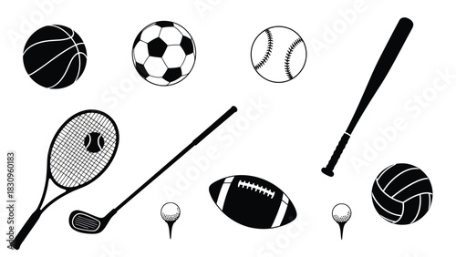 Flat vector illustration of diverse black and white sports equipment, including balls, rackets, clubs, and bats,, isolated on white background