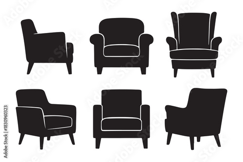 Collection of six distinct armchair silhouettes displayed from various angles isolated on white background