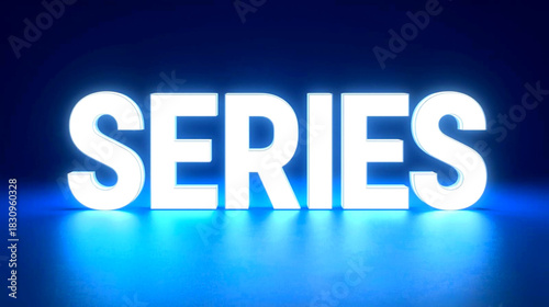 Glowing white text series illuminated by blue light on a dark stage