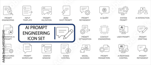 AI Prompt Engineering Icon Set. Generative AI, Prompt Optimization, and Model Guidance. Modern icons for large language models, AI interaction, and context control concepts.
