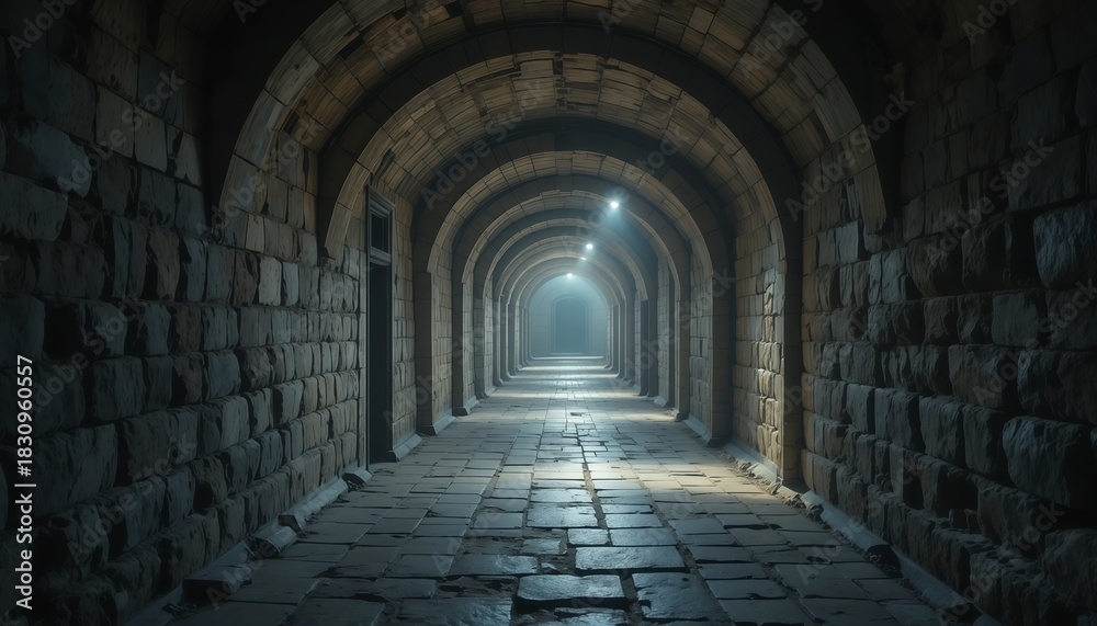 Fototapeta premium Ancient Stone Archway Corridor Tunnel with Dramatic Light
