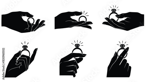 Collection of elegant black silhouette hands holding sparkling diamond engagement rings, presenting precious jewelry in, isolated on white background