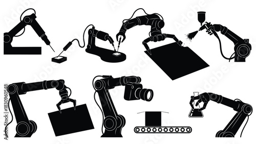 Flat vector illustration of black industrial robot arms performing automated manufacturing, assembly, painting,, isolated on white background