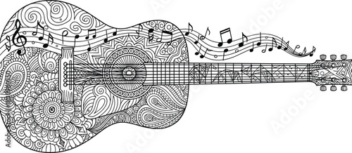 Artistic acoustic guitar with floral mandala, musical note vector design, cad drawing flat vector illustration, black graphic artwork