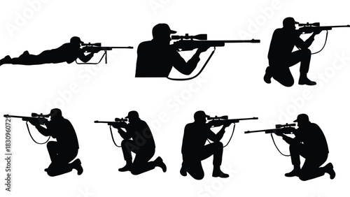 Flat vector illustration of male sniper silhouettes aiming scoped rifles in tactical shooting positions, symbolizing, isolated on white background