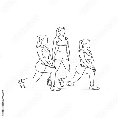 Three women stretching and exercising in a line
