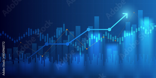 moving up arrow financial chart with stock market graph on blue color background