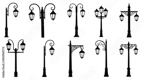Elegant black street lamp silhouettes with ornate posts, classic lantern designs, ideal for vintage urban and park, isolated on white background