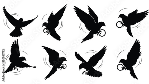 Elegant black silhouette vector illustrations of flying birds with outstretched wings, some gracefully carrying, isolated on white background