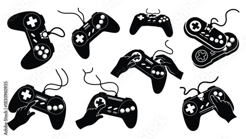 Black video game controllers with white buttons and cables, some held by silhouette hands, depicting gaming, isolated on white background