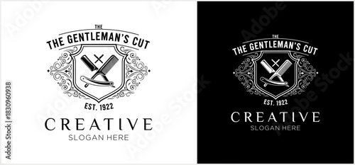 Vintage barbershop logo design featuring a shield with crossed razor and comb, elegant typography, and decorative flourishes on contrasting backgrounds.