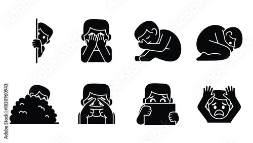 Flat vector icons showing people experiencing fear, shyness, and anxiety. Figures are hiding, peeking, covering eyes,, isolated on white background