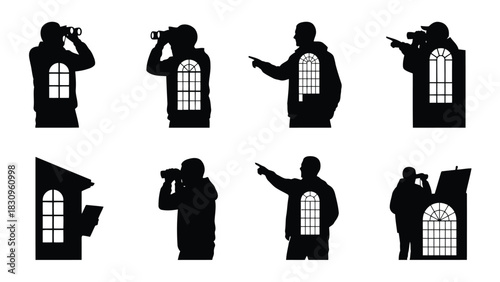 Black silhouette figures with white window cutouts in their torsos, some holding binoculars, others pointing, a flat, isolated on white background